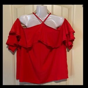 Gibson Latimer Red Halter Ruffle Blouse